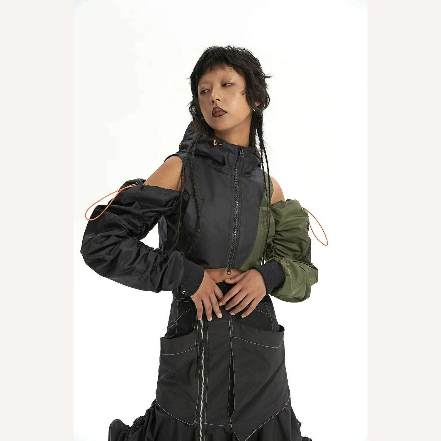 KIMLUD, DEAT Fashion Women's Jackets Hooded Off The Shoulder Drawstring Contrast Stitching Midriff-baring Coat Autumn 2023 New 7AB303, KIMLUD Womens Clothes