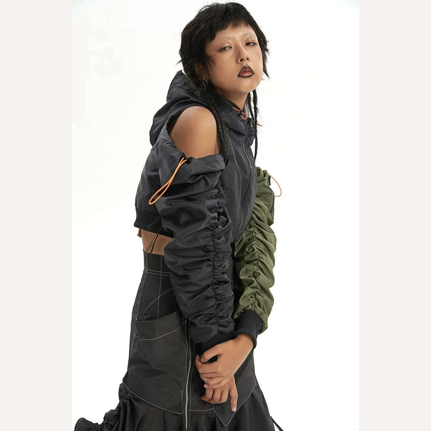 KIMLUD, DEAT Fashion Women's Jackets Hooded Off The Shoulder Drawstring Contrast Stitching Midriff-baring Coat Autumn 2023 New 7AB303, KIMLUD Womens Clothes