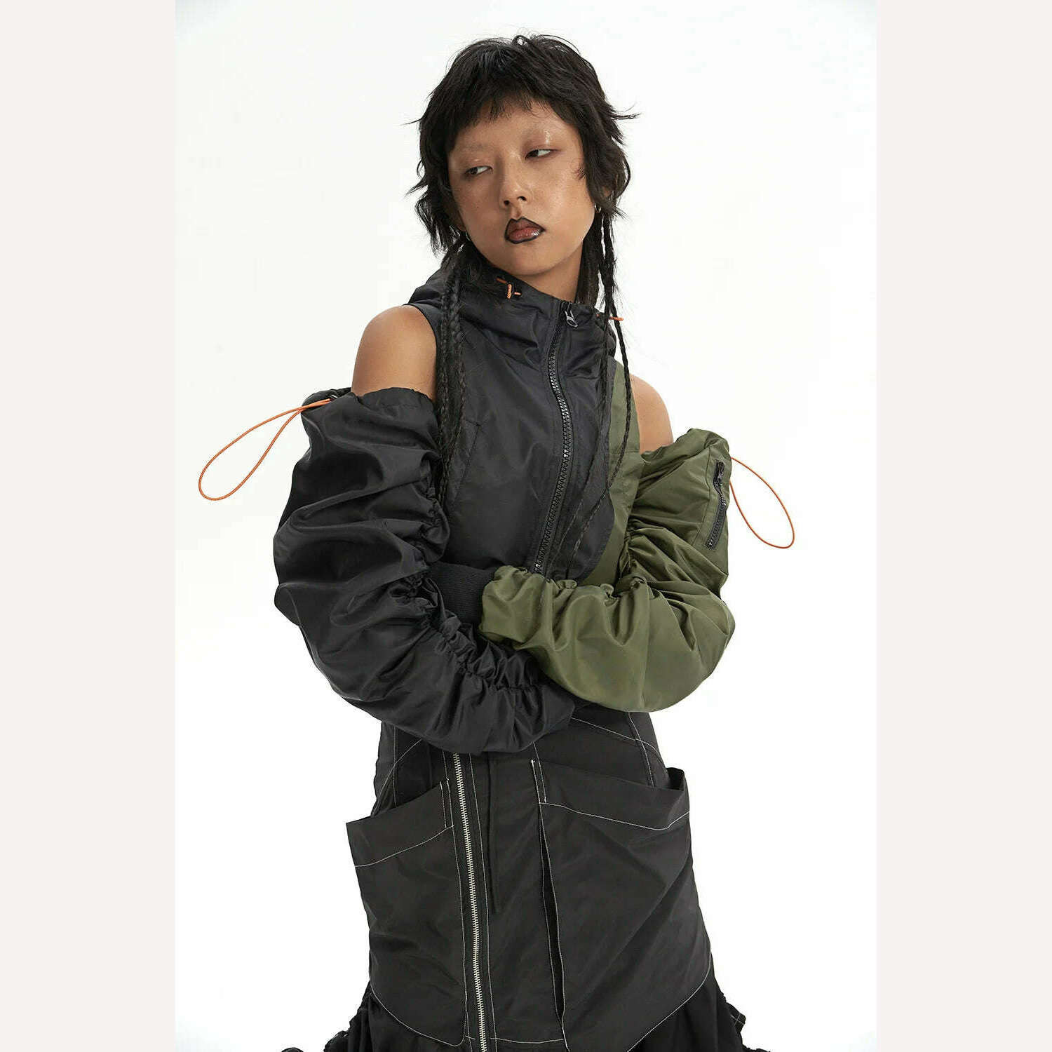 KIMLUD, DEAT Fashion Women's Jackets Hooded Off The Shoulder Drawstring Contrast Stitching Midriff-baring Coat Autumn 2023 New 7AB303, KIMLUD Womens Clothes