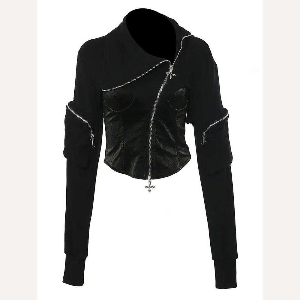 KIMLUD, DEAT Fashion Women's Jackets Irregular Lapel Zipper Backless Pu Leather Spliced Slim Lace-up Coats Autumn 2023 New Tide 7AB1815, KIMLUD Womens Clothes