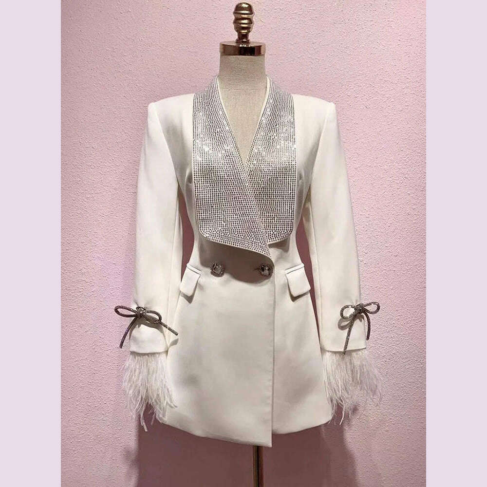 KIMLUD, DEAT Fashion Women's Jackt Slim Rhinestone Lapel Double Breasted Feather Sleeve Waist Solid Color Blazer Summer 2023 New 17A8207, KIMLUD Womens Clothes