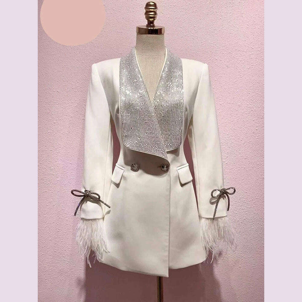KIMLUD, DEAT Fashion Women's Jackt Slim Rhinestone Lapel Double Breasted Feather Sleeve Waist Solid Color Blazer Summer 2023 New 17A8207, KIMLUD Womens Clothes