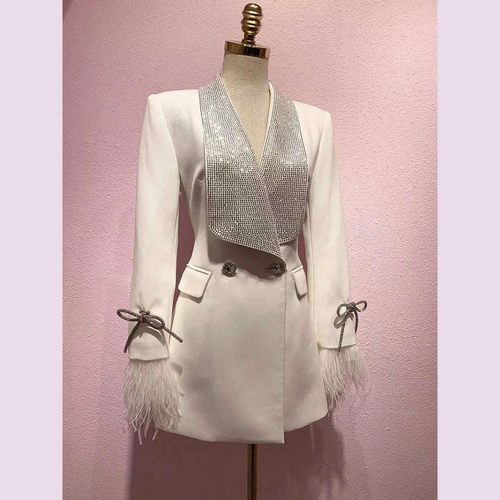 KIMLUD, DEAT Fashion Women's Jackt Slim Rhinestone Lapel Double Breasted Feather Sleeve Waist Solid Color Blazer Summer 2023 New 17A8207, KIMLUD Womens Clothes