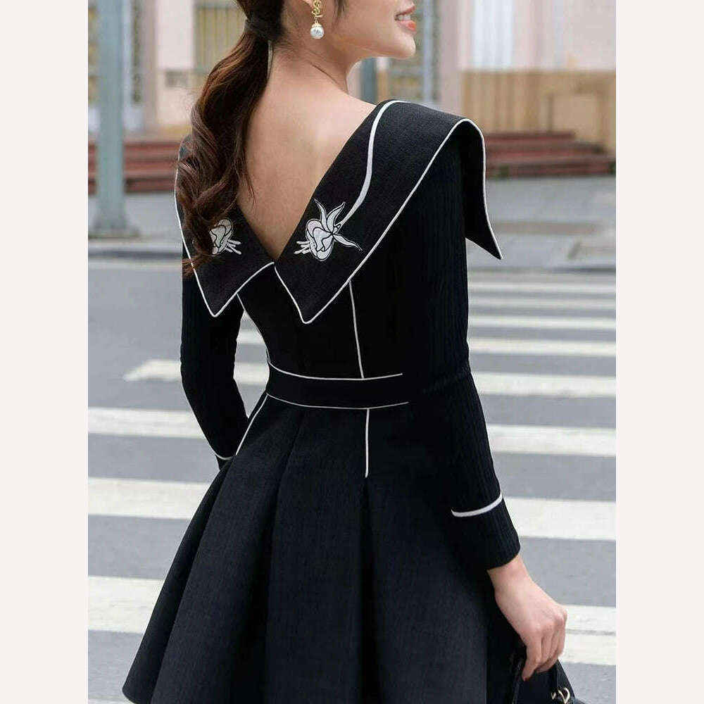 KIMLUD, DEAT Round Collar Print Women Dress Belt A Line High Waist Short Style A Line Elegant Evening Party Clothing New 2024 15KB3632, KIMLUD Womens Clothes