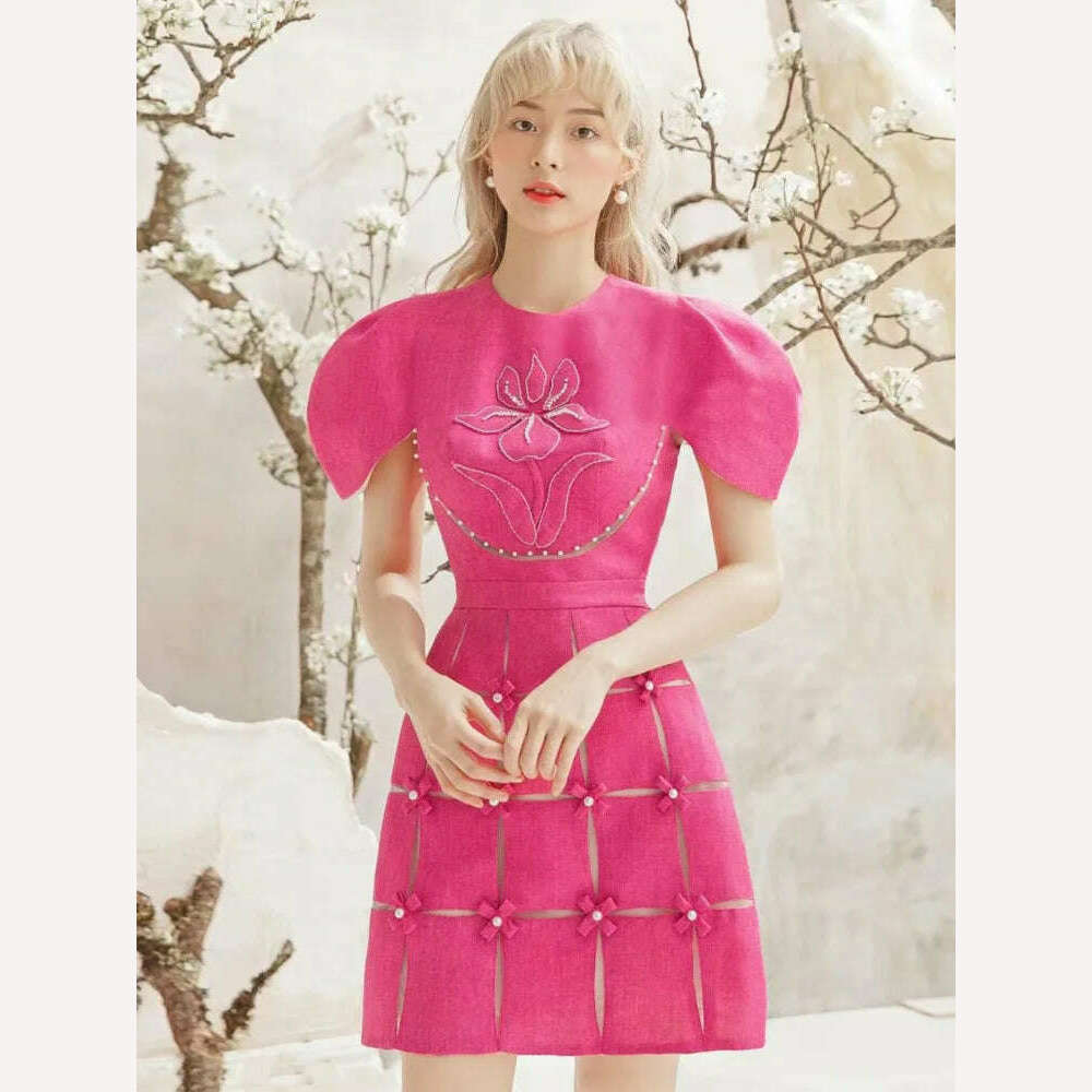 KIMLUD, DEAT Sweet Dress Round Collar Short Sleeves Bows Embroidery Decorate Zipper Short Women Dresses Spring 2024 New Fashion 13DB2799, KIMLUD Womens Clothes