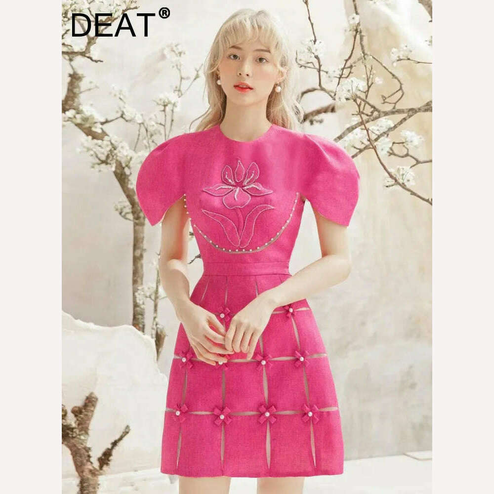 KIMLUD, DEAT Sweet Dress Round Collar Short Sleeves Bows Embroidery Decorate Zipper Short Women Dresses Spring 2024 New Fashion 13DB2799, KIMLUD Womens Clothes