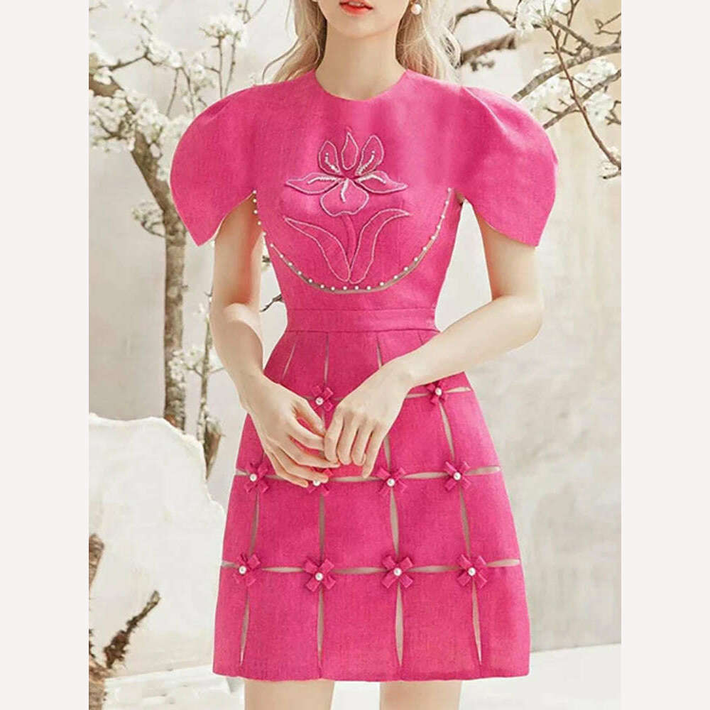 KIMLUD, DEAT Sweet Dress Round Collar Short Sleeves Bows Embroidery Decorate Zipper Short Women Dresses Spring 2024 New Fashion 13DB2799, Rose Pink / S, KIMLUD APPAREL - Womens Clothes
