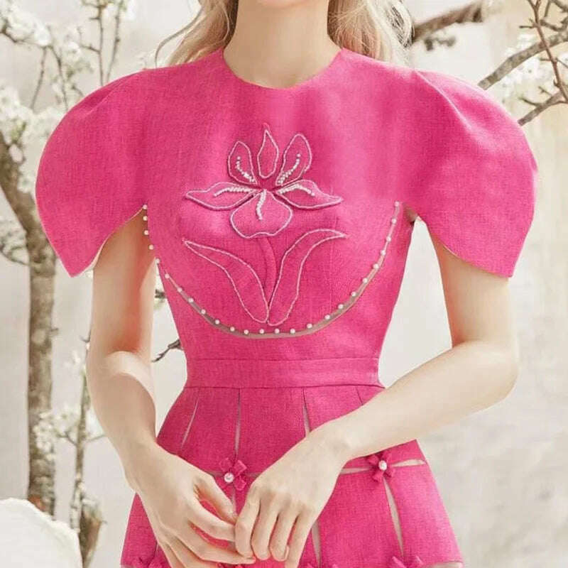 KIMLUD, DEAT Sweet Dress Round Collar Short Sleeves Bows Embroidery Decorate Zipper Short Women Dresses Spring 2024 New Fashion 13DB2799, KIMLUD Womens Clothes