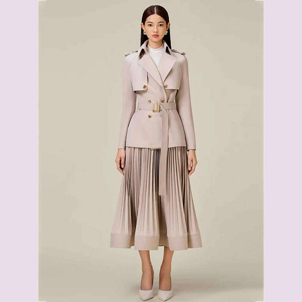 DEAT Women 2 Pcs Set Notched Collar Long Sleeve Double Breasted Belt Coat Folds Skirt Office Lady Suit Autumn 2024 New 13DB4515 - KIMLUD