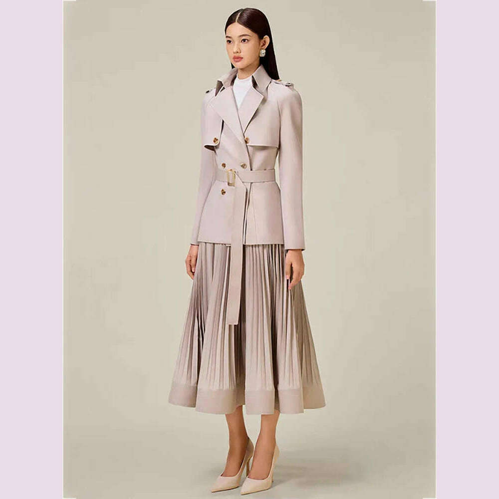 DEAT Women 2 Pcs Set Notched Collar Long Sleeve Double Breasted Belt Coat Folds Skirt Office Lady Suit Autumn 2024 New 13DB4515 - KIMLUD