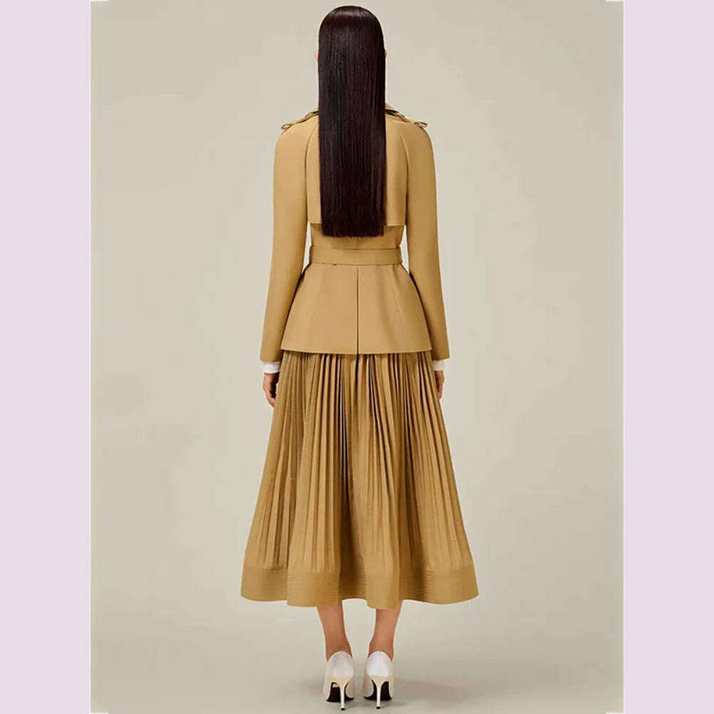 DEAT Women 2 Pcs Set Notched Collar Long Sleeve Double Breasted Belt Coat Folds Skirt Office Lady Suit Autumn 2024 New 13DB4515 - KIMLUD