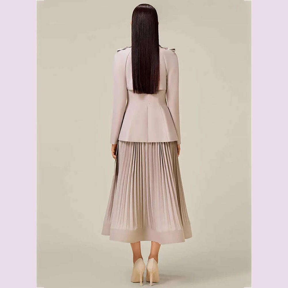 DEAT Women 2 Pcs Set Notched Collar Long Sleeve Double Breasted Belt Coat Folds Skirt Office Lady Suit Autumn 2024 New 13DB4515 - KIMLUD