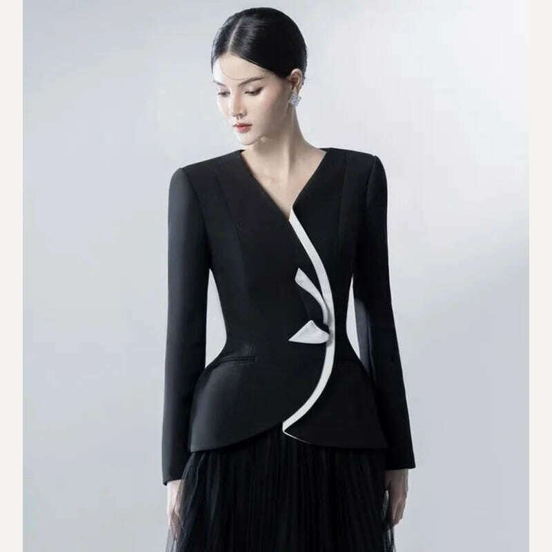 KIMLUD, DEAT Women V-neck Long Sleeve Contrast Color Waist Long Sleeve Fashion Blazer Loose Elastic Gauze Skirt Summer 2024 New 13DB3536, blazer / XL, KIMLUD APPAREL - Womens Clothes