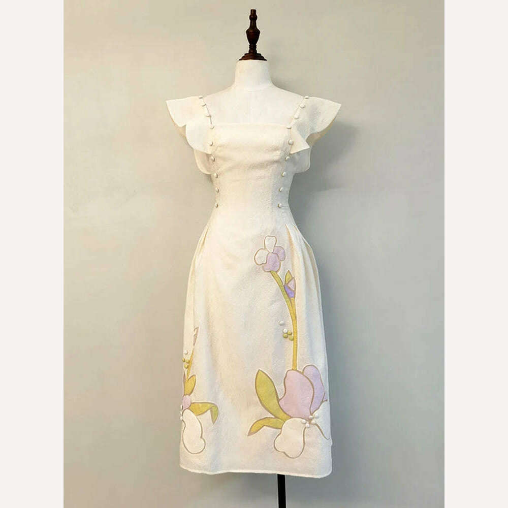 KIMLUD, DEAT Women's Fashion Dress Camisole Backless Waist Print Contrast Color Flower Square Collar Dresses Spring 2024 New 13DB1865, White / L, KIMLUD APPAREL - Womens Clothes