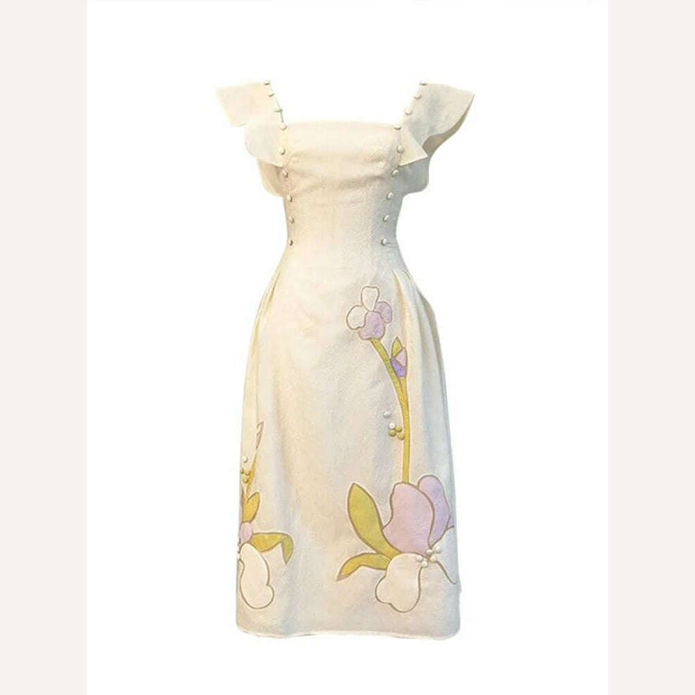 KIMLUD, DEAT Women's Fashion Dress Camisole Backless Waist Print Contrast Color Flower Square Collar Dresses Spring 2024 New 13DB1865, KIMLUD Womens Clothes