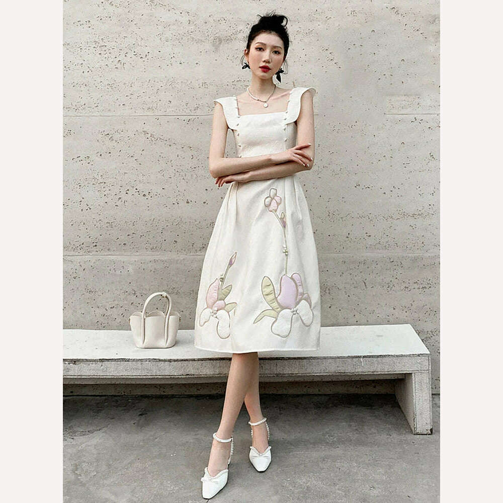 KIMLUD, DEAT Women's Fashion Dress Camisole Backless Waist Print Contrast Color Flower Square Collar Dresses Spring 2024 New 13DB1865, KIMLUD Womens Clothes