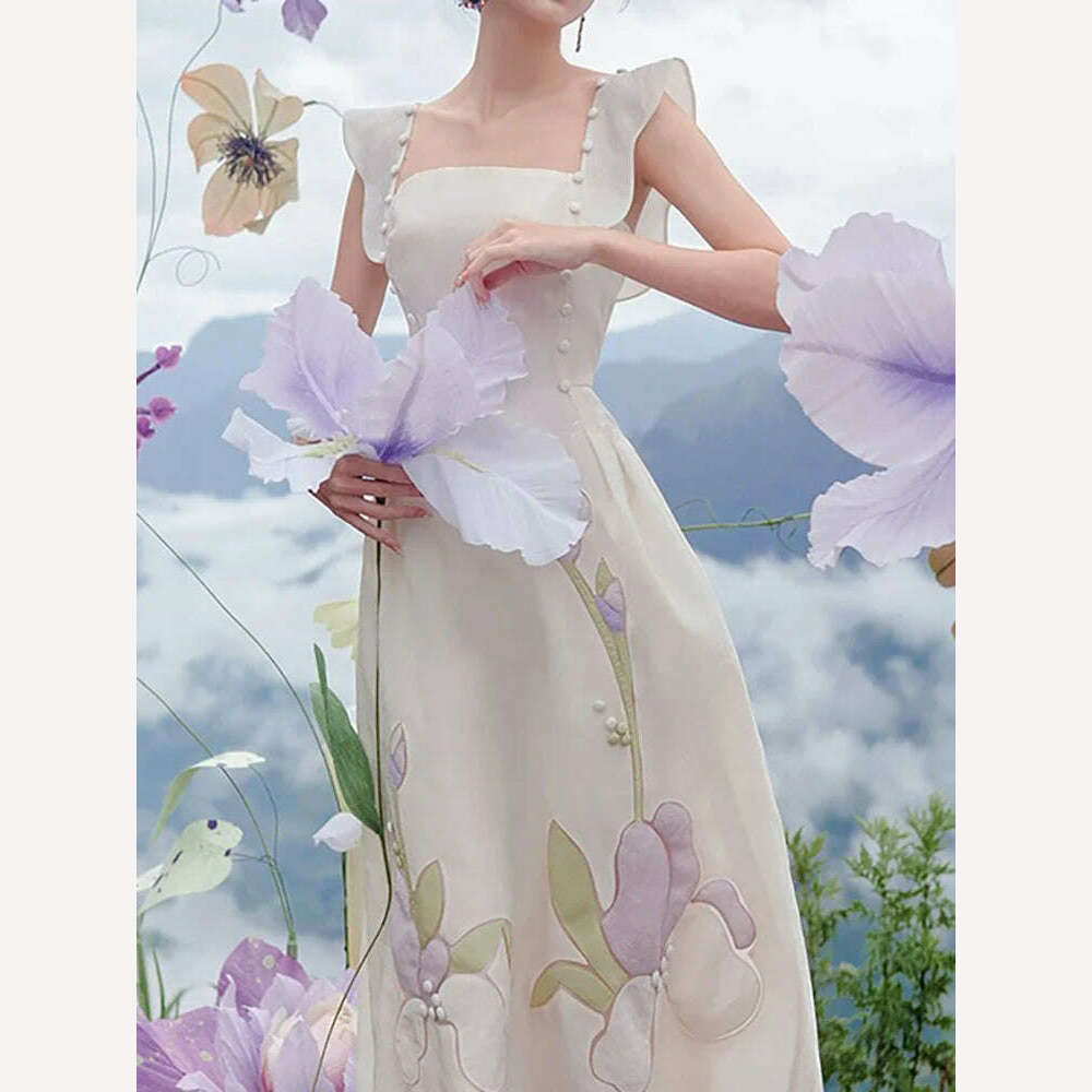 KIMLUD, DEAT Women's Fashion Dress Camisole Backless Waist Print Contrast Color Flower Square Collar Dresses Spring 2024 New 13DB1865, KIMLUD Womens Clothes