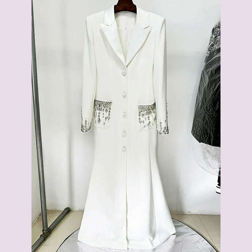 DEAT Women's Fashion Evening Dress Notched Collar Single Breasted Diamond Setting Waist Elegant Party Dresses Summer 2024 New - KIMLUD