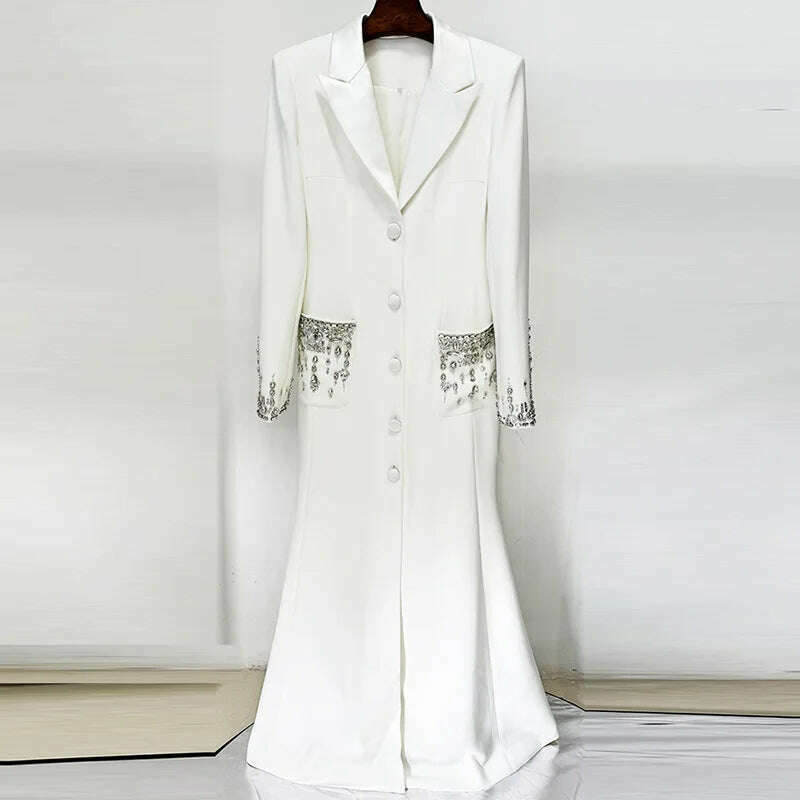 DEAT Women's Fashion Evening Dress Notched Collar Single Breasted Diamond Setting Waist Elegant Party Dresses Summer 2024 New - KIMLUD