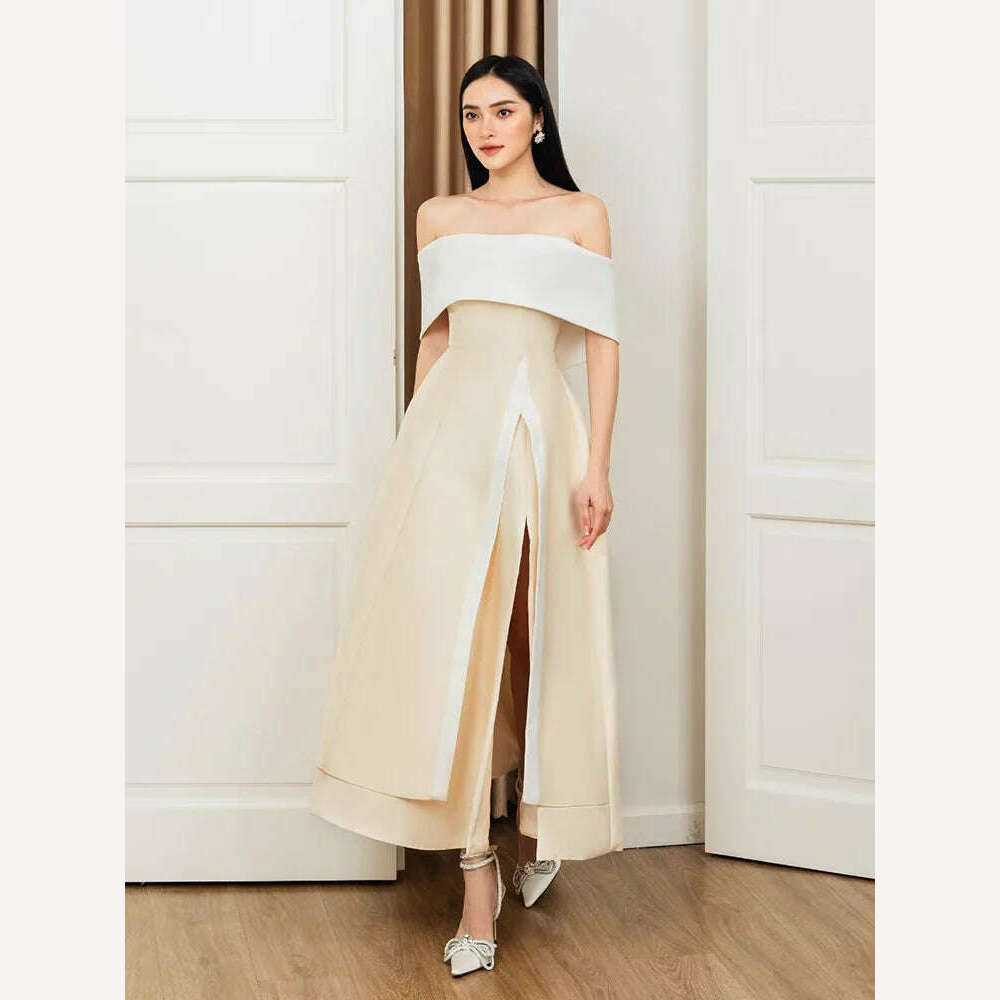 DEAT Women's Fashion Evening Dress Slash Neck Backless Pink Contrast Color Split Elegant Party Dresses Summer 2024 New 13DB4429 - KIMLUD