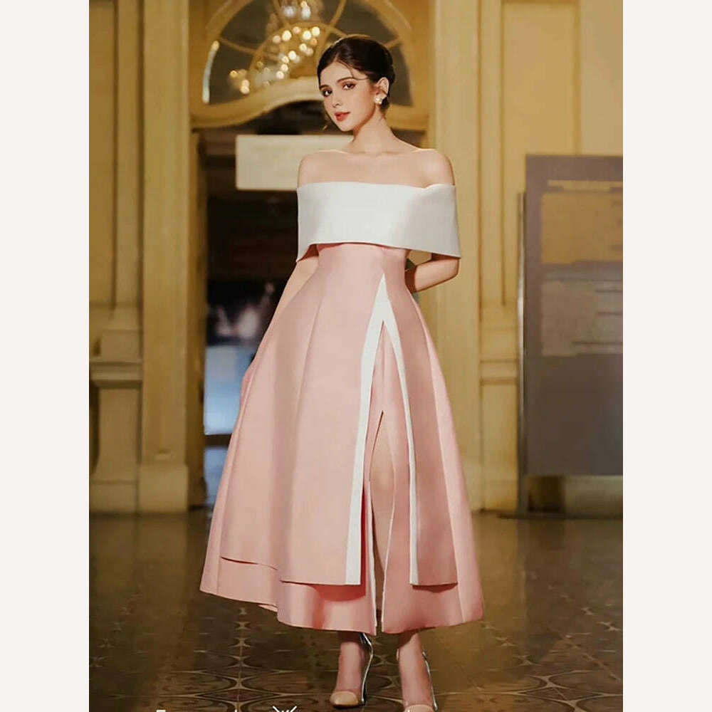 DEAT Women's Fashion Evening Dress Slash Neck Backless Pink Contrast Color Split Elegant Party Dresses Summer 2024 New 13DB4429 - KIMLUD