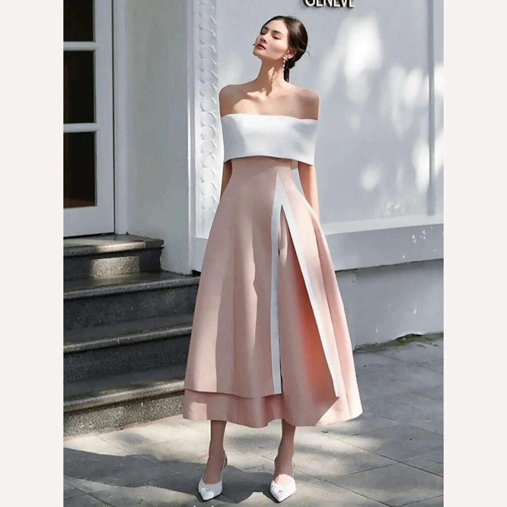DEAT Women's Fashion Evening Dress Slash Neck Backless Pink Contrast Color Split Elegant Party Dresses Summer 2024 New 13DB4429 - KIMLUD