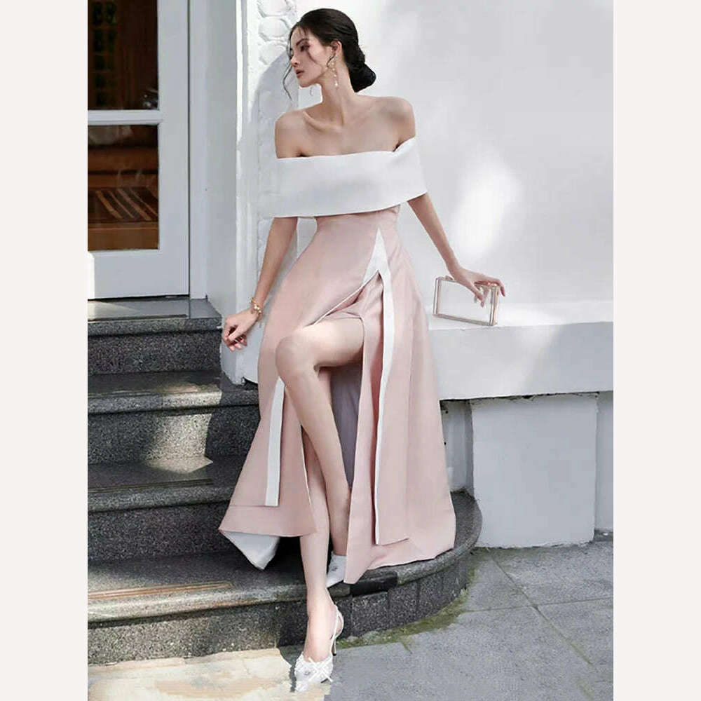 DEAT Women's Fashion Evening Dress Slash Neck Backless Pink Contrast Color Split Elegant Party Dresses Summer 2024 New 13DB4429 - KIMLUD