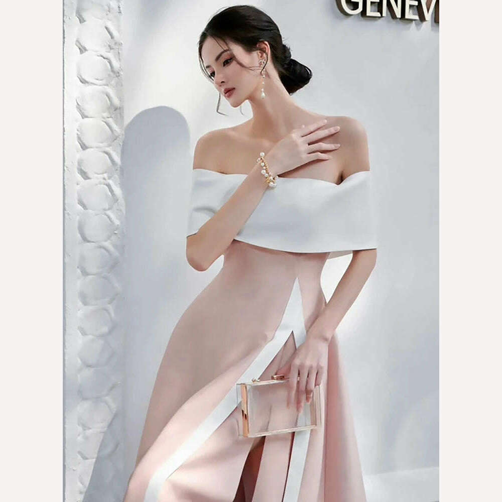 DEAT Women's Fashion Evening Dress Slash Neck Backless Pink Contrast Color Split Elegant Party Dresses Summer 2024 New 13DB4429 - KIMLUD