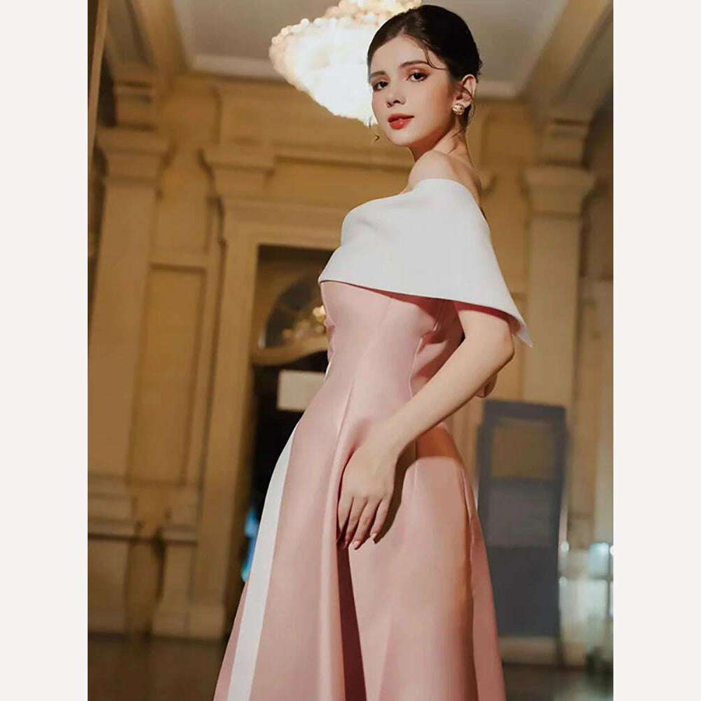 DEAT Women's Fashion Evening Dress Slash Neck Backless Pink Contrast Color Split Elegant Party Dresses Summer 2024 New 13DB4429 - KIMLUD