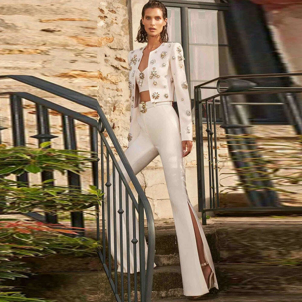 DEIVE TEGER 2024 New Women's White Heavy Industry Diamond Pearl New Design Set Slim Fit Handmade Pants Set Two Piece Sexy Set - KIMLUD