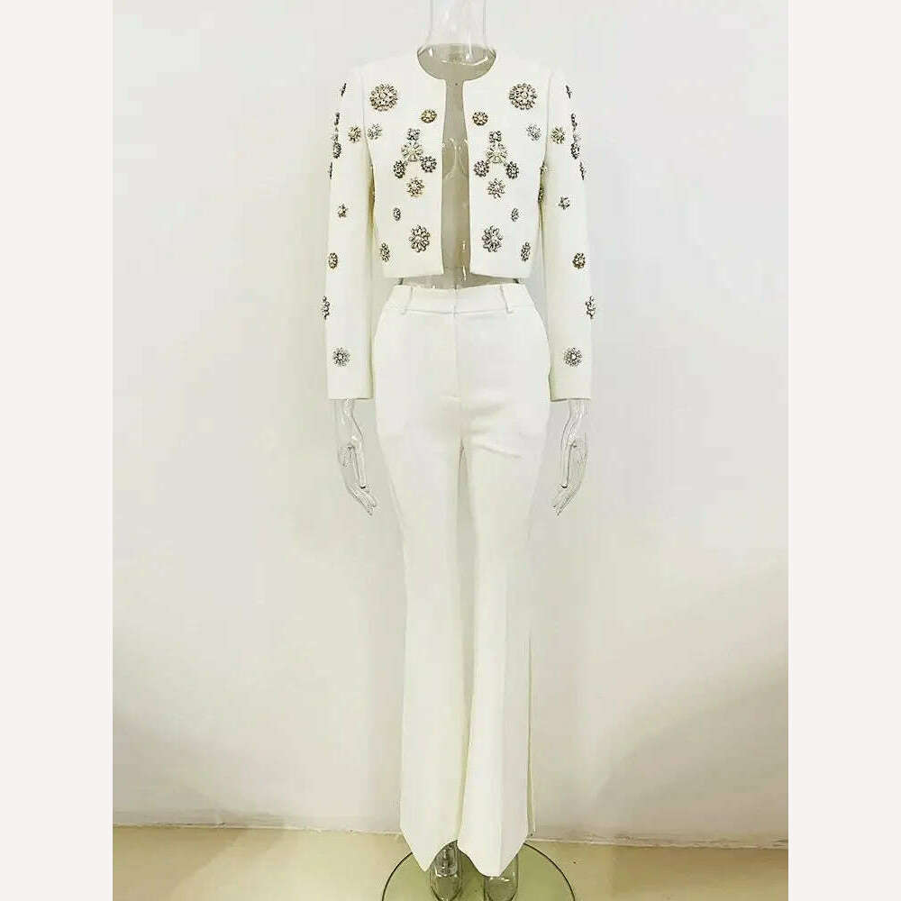 DEIVE TEGER 2024 New Women's White Heavy Industry Diamond Pearl New Design Set Slim Fit Handmade Pants Set Two Piece Sexy Set - KIMLUD