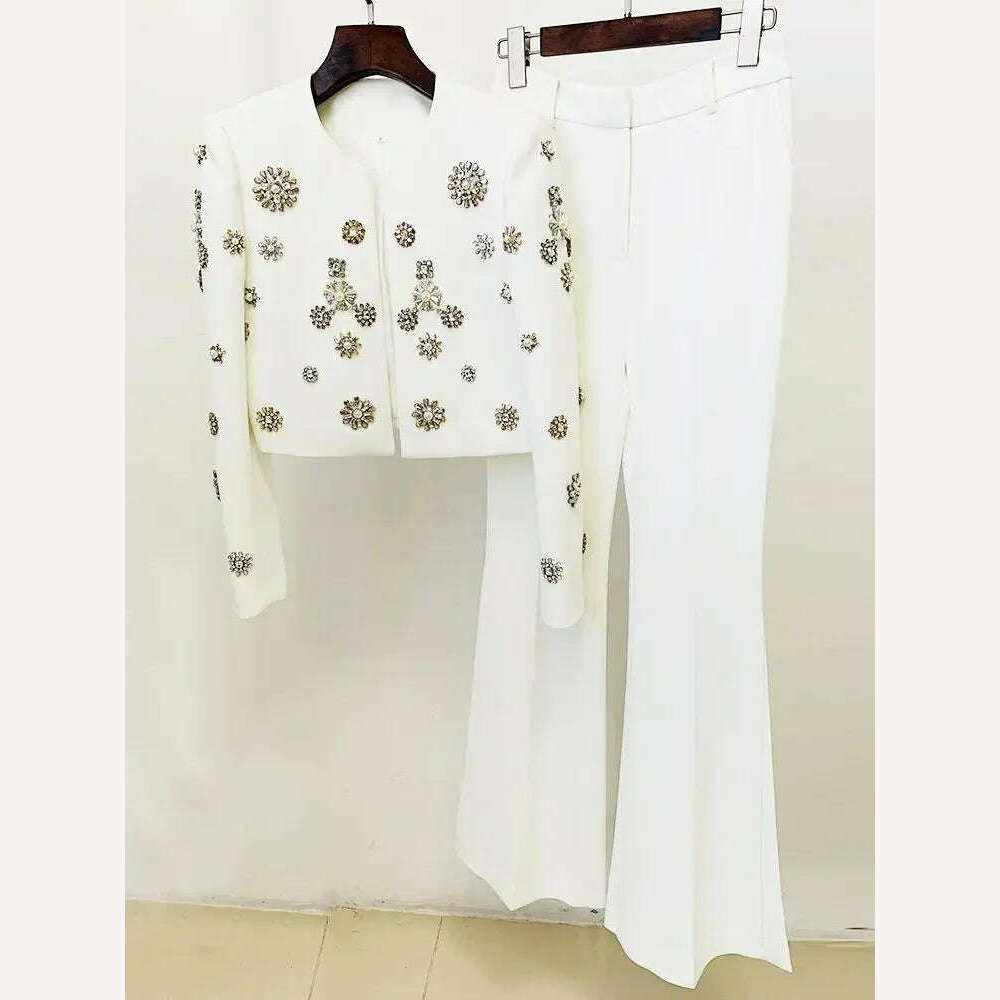 DEIVE TEGER 2024 New Women's White Heavy Industry Diamond Pearl New Design Set Slim Fit Handmade Pants Set Two Piece Sexy Set - KIMLUD