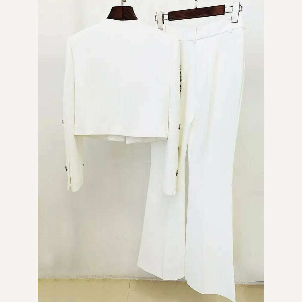 DEIVE TEGER 2024 New Women's White Heavy Industry Diamond Pearl New Design Set Slim Fit Handmade Pants Set Two Piece Sexy Set - KIMLUD