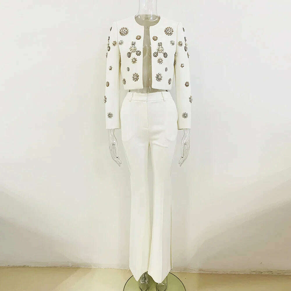 DEIVE TEGER 2024 New Women's White Heavy Industry Diamond Pearl New Design Set Slim Fit Handmade Pants Set Two Piece Sexy Set - KIMLUD