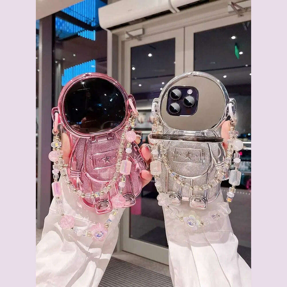 KIMLUD, Deluxe 3D Astronaut Doll Lens Vanity Mirror Stand Wristband Phone Case for iPhone 15 14 13 12 11 Back Cover of Pro Max Plus, KIMLUD Womens Clothes