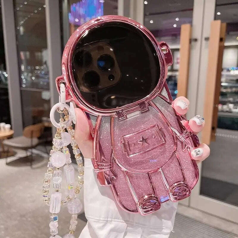 KIMLUD, Deluxe 3D Astronaut Doll Lens Vanity Mirror Stand Wristband Phone Case for iPhone 15 14 13 12 11 Back Cover of Pro Max Plus, KIMLUD Womens Clothes