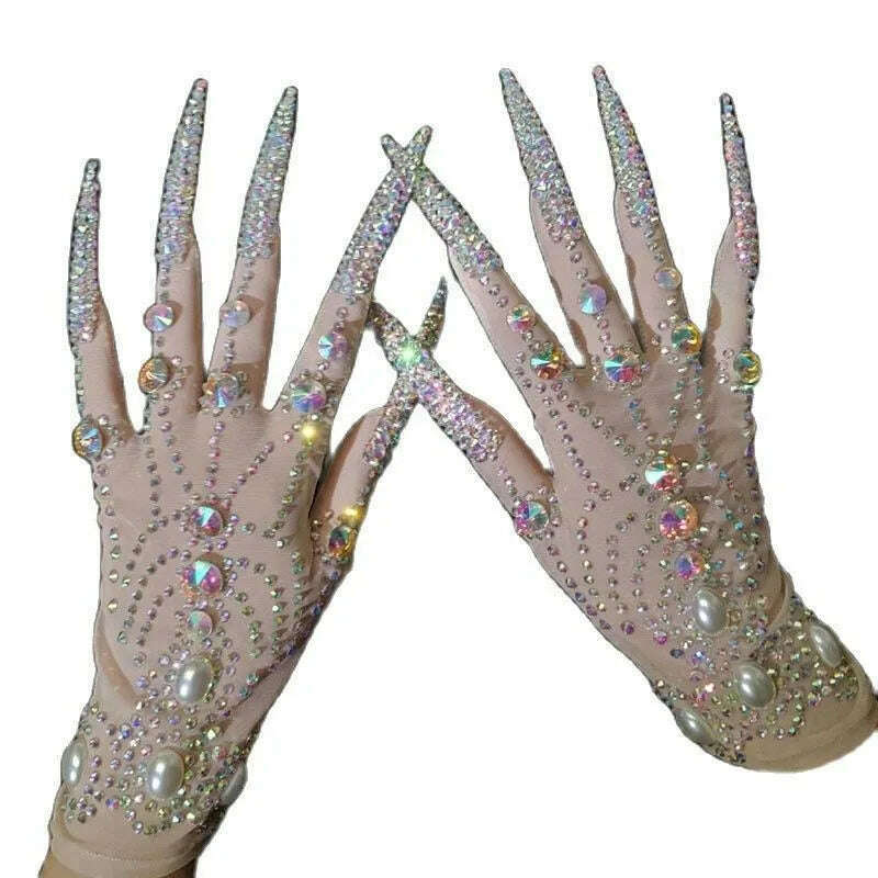 KIMLUD, Deluxe AB Diamond Pearl Long Nails Diamond Shiny Short Gloves, KIMLUD Womens Clothes