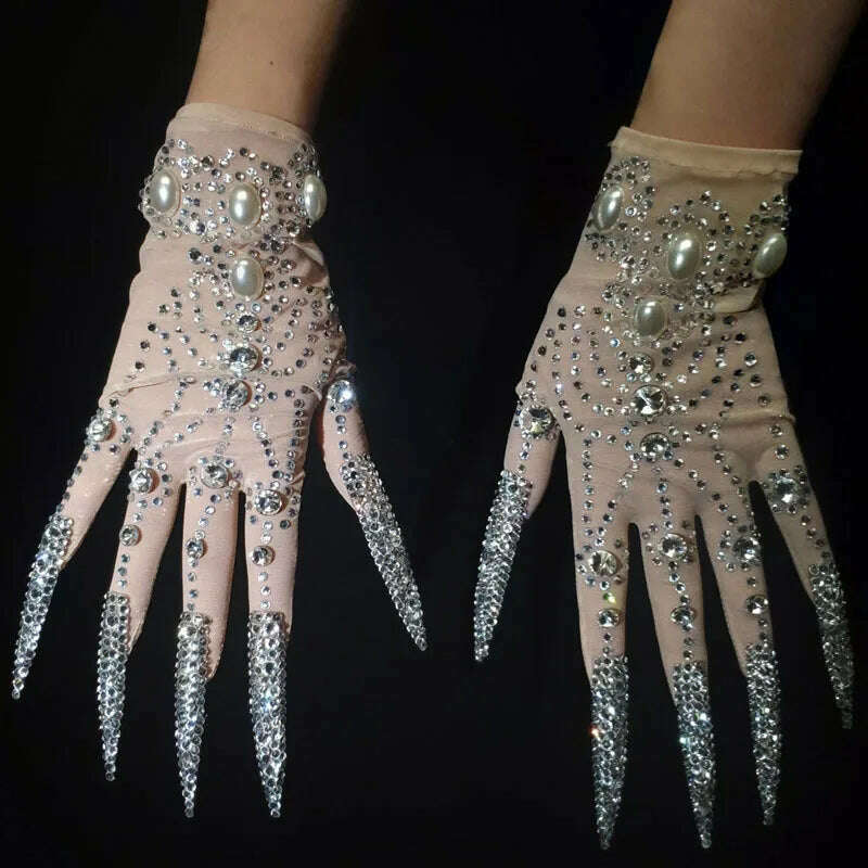 KIMLUD, Deluxe AB Diamond Pearl Long Nails Diamond Shiny Short Gloves, KIMLUD Womens Clothes