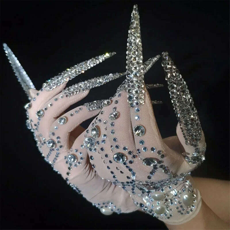 KIMLUD, Deluxe AB Diamond Pearl Long Nails Diamond Shiny Short Gloves, KIMLUD Womens Clothes