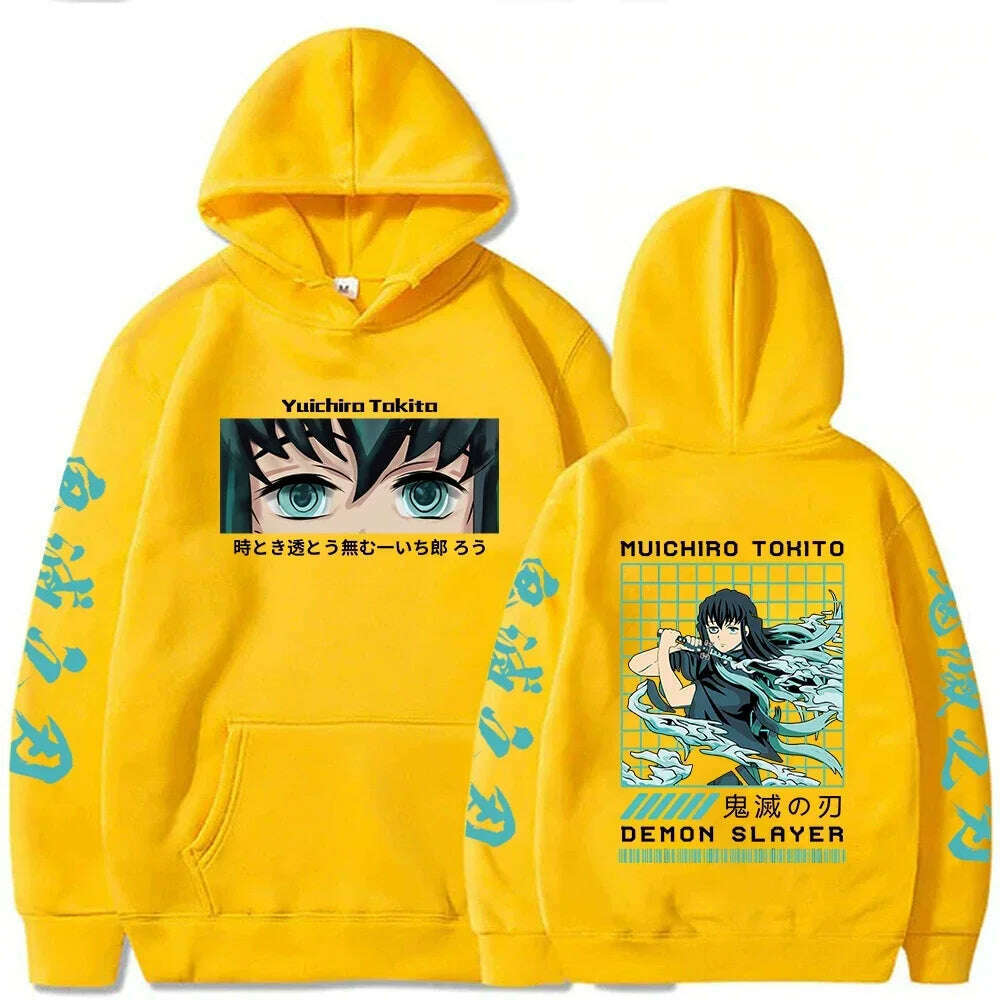 KIMLUD, Demon Slayer Japan Anime Men Women Hoodie Harajuku Muichiro Tokito Graphic Print Plus Size Sweatshirt Streetwear Female Pullover, Yellow / XL, KIMLUD APPAREL - Womens Clothes