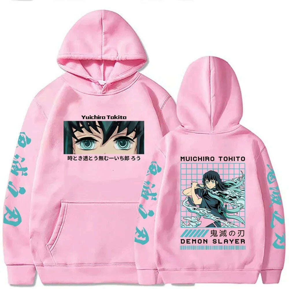 KIMLUD, Demon Slayer Japan Anime Men Women Hoodie Harajuku Muichiro Tokito Graphic Print Plus Size Sweatshirt Streetwear Female Pullover, Pink / L, KIMLUD APPAREL - Womens Clothes