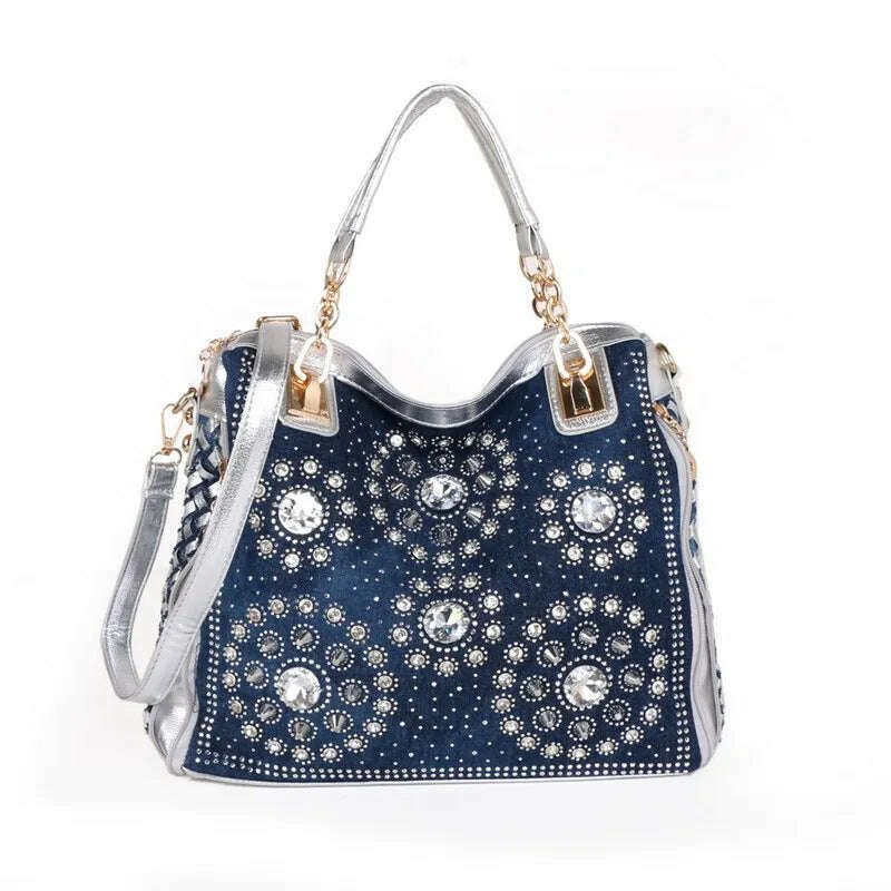 KIMLUD, Denim jean casual women handbags designer weaving shoulder bags rhinestone decorative womens messenger bag totes, KIMLUD Womens Clothes