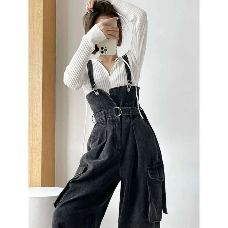 KIMLUD, Denim Jumpsuits Women High Waisted Cargo Trousers American Streetwear Teens Personal Hipsters Pure Big Pockets Washed Clothes, KIMLUD Womens Clothes
