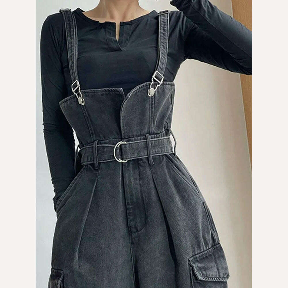 KIMLUD, Denim Jumpsuits Women High Waisted Cargo Trousers American Streetwear Teens Personal Hipsters Pure Big Pockets Washed Clothes, Black Jumpsuits / S, KIMLUD APPAREL - Womens Clothes