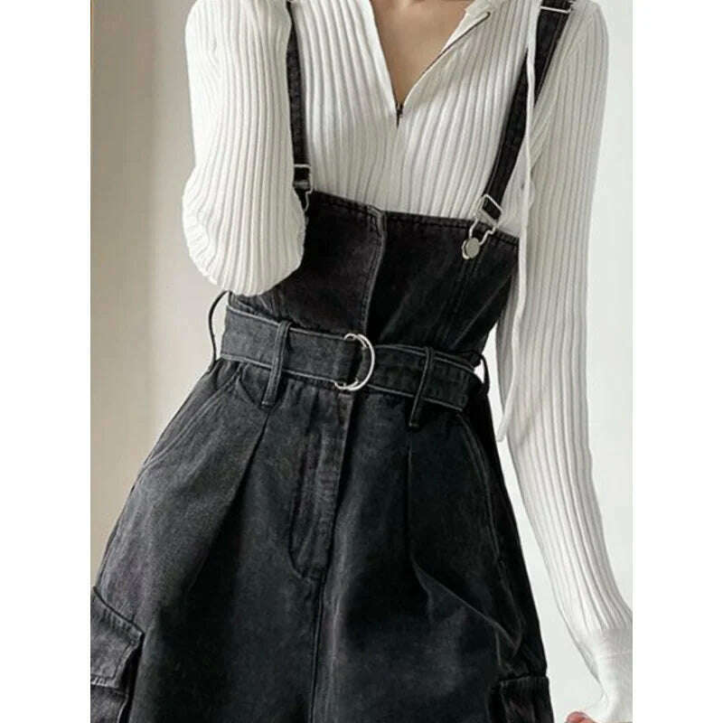 KIMLUD, Denim Jumpsuits Women High Waisted Cargo Trousers American Streetwear Teens Personal Hipsters Pure Big Pockets Washed Clothes, KIMLUD Womens Clothes