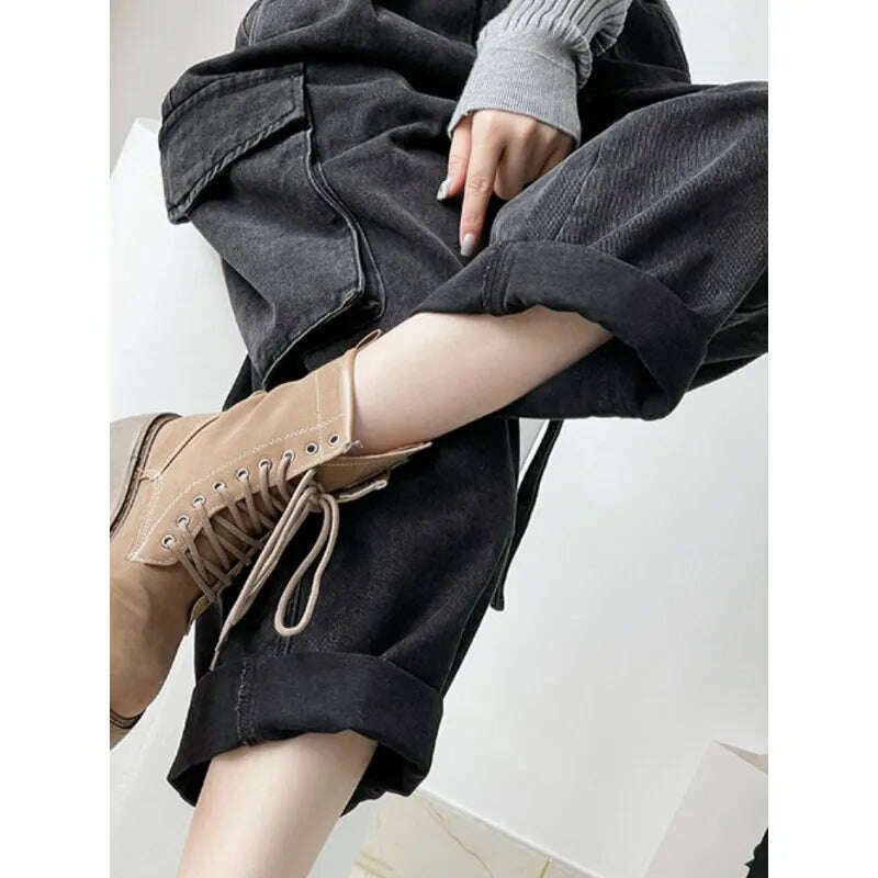KIMLUD, Denim Jumpsuits Women High Waisted Cargo Trousers American Streetwear Teens Personal Hipsters Pure Big Pockets Washed Clothes, KIMLUD Womens Clothes