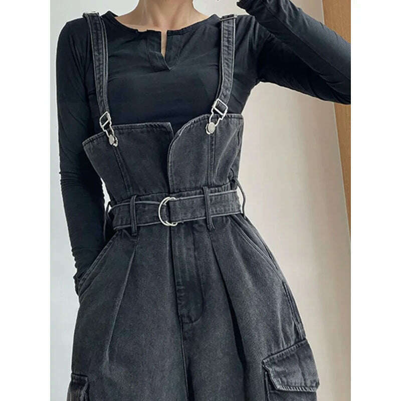 KIMLUD, Denim Jumpsuits Women High Waisted Cargo Trousers American Streetwear Teens Personal Hipsters Pure Big Pockets Washed Clothes, KIMLUD Womens Clothes