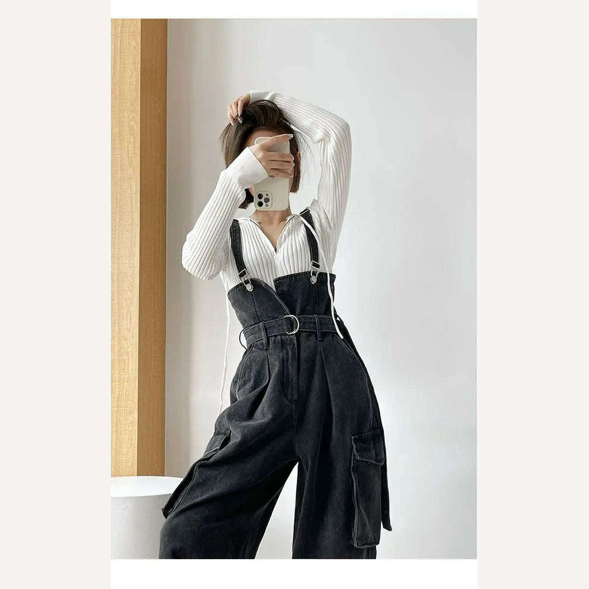 KIMLUD, Denim Jumpsuits Women High Waisted Cargo Trousers American Streetwear Teens Personal Hipsters Pure Big Pockets Washed Clothes, KIMLUD Womens Clothes