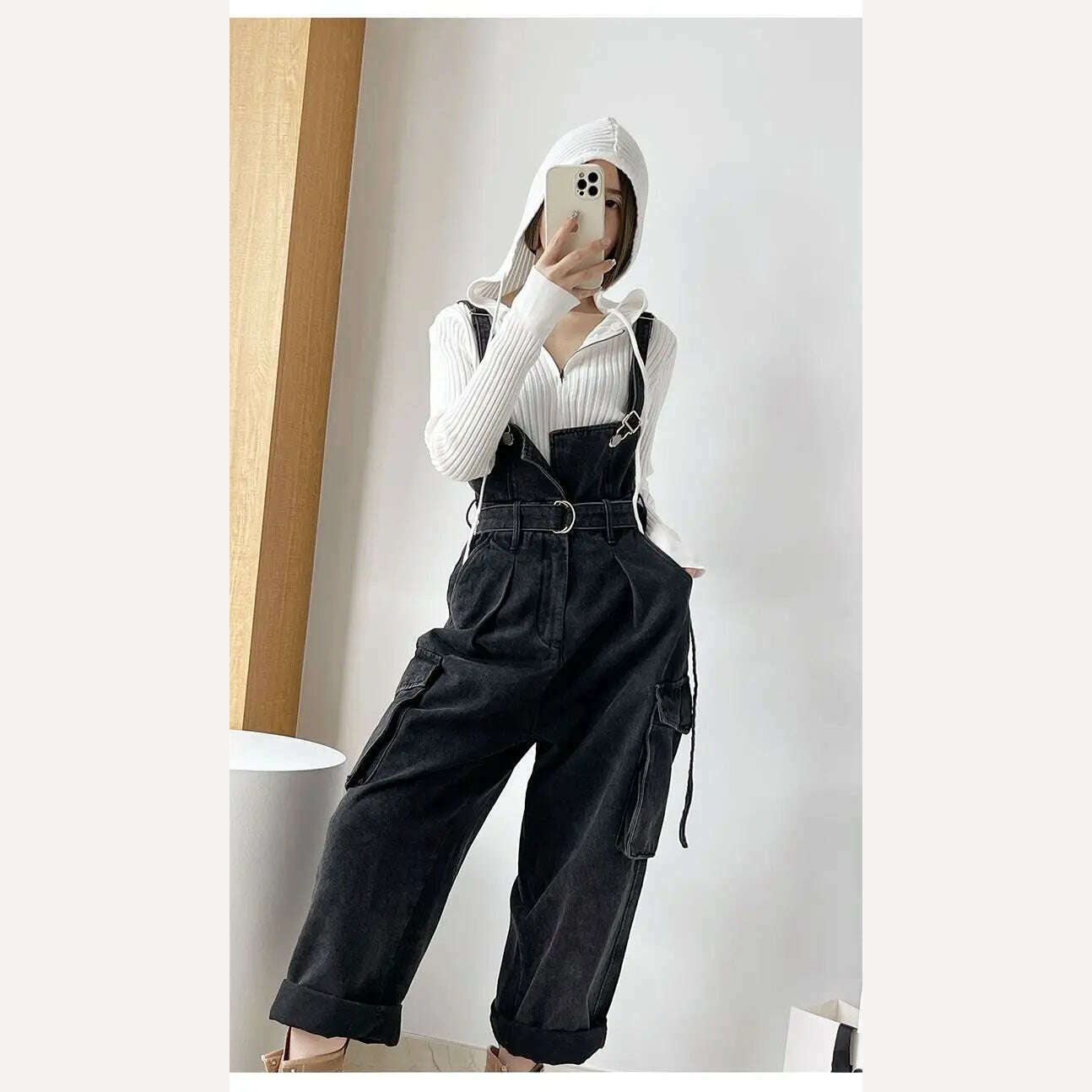 KIMLUD, Denim Jumpsuits Women High Waisted Cargo Trousers American Streetwear Teens Personal Hipsters Pure Big Pockets Washed Clothes, KIMLUD Womens Clothes