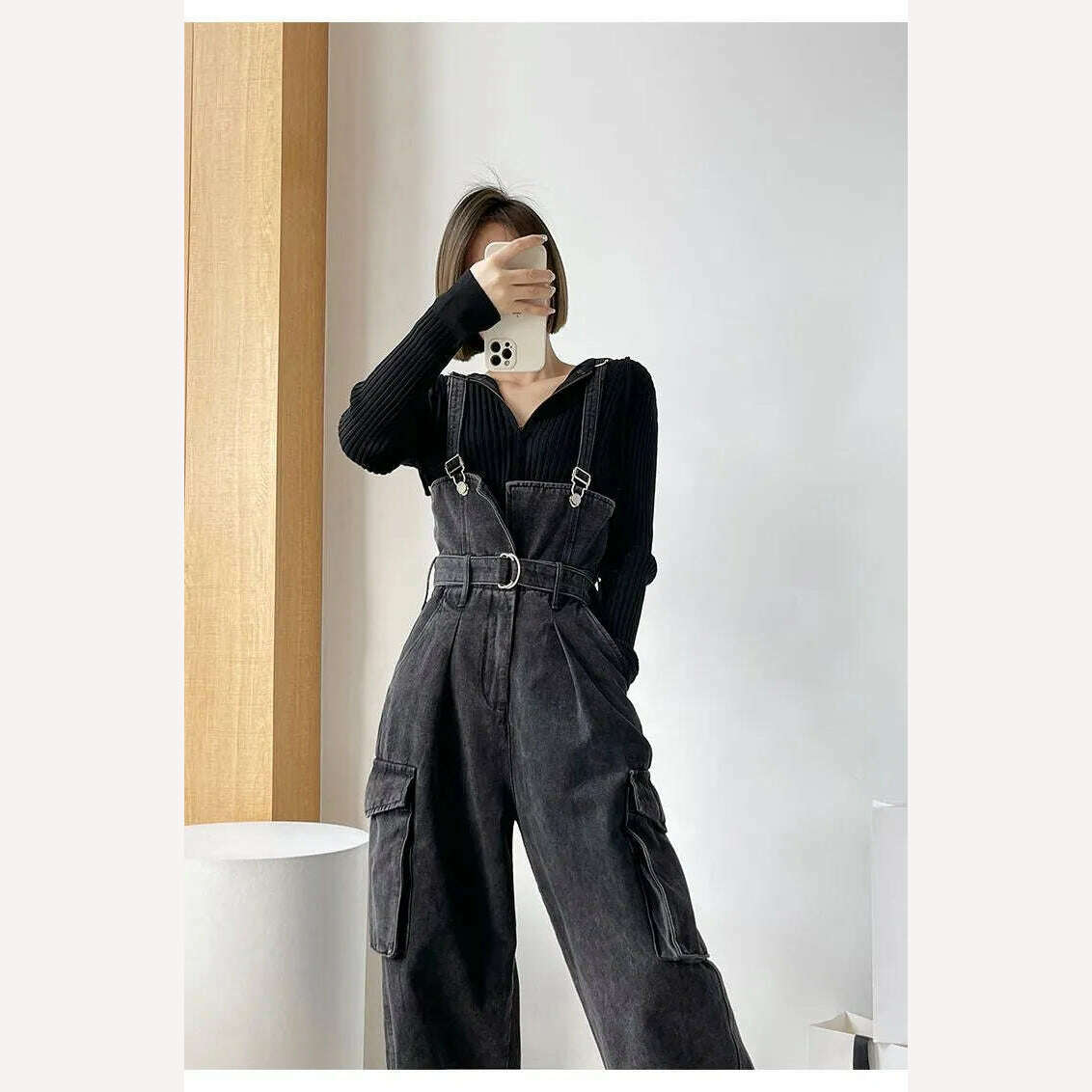 KIMLUD, Denim Jumpsuits Women High Waisted Cargo Trousers American Streetwear Teens Personal Hipsters Pure Big Pockets Washed Clothes, KIMLUD Womens Clothes